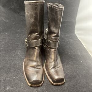 FRYE LEATHER BOOTS SZ 6 DARK BROWN HARNESS LEATHER SQUARE TOE WESTERN BIKER MID